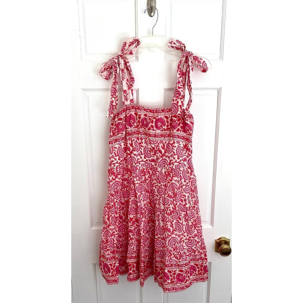 SUE SARTOR Block Print Floral Pink Red Tie Shoulder Waist Mini Swing Dress - Picture 11 of 11